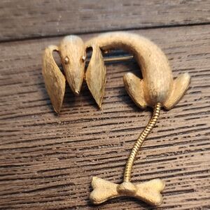 Gold-tone Daschundnd Novelty Brooch Pin with Bone Dangle Tail